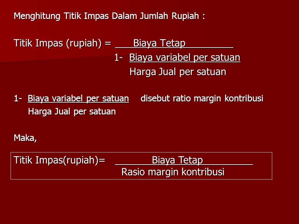 Titik Impas (rupiah) = Biaya Tetap_________