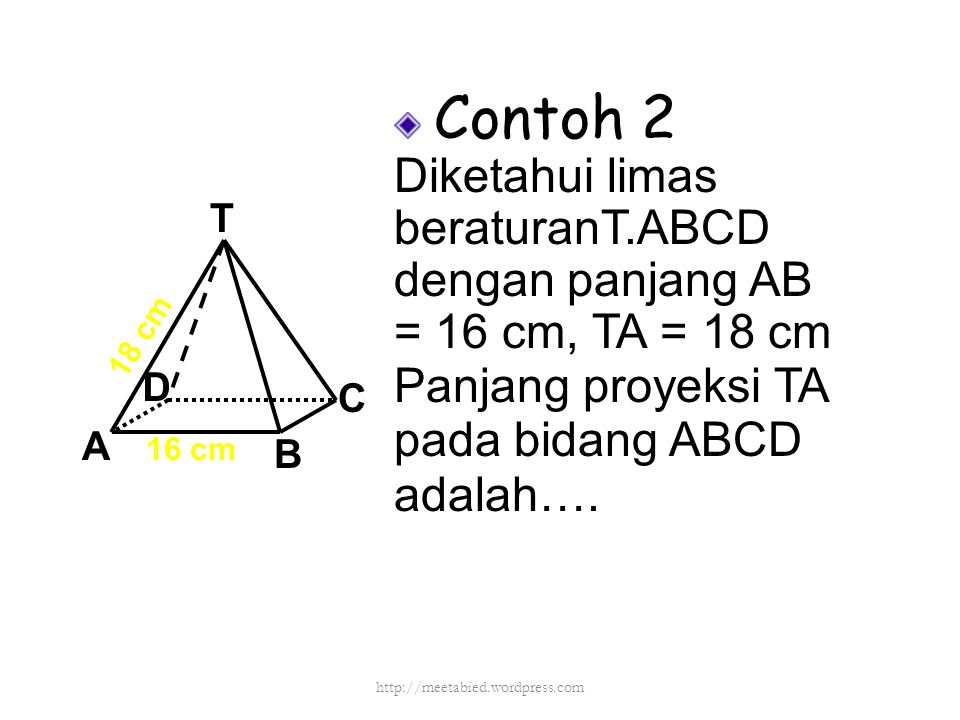 Contoh 2 Diketahui limas beraturanT.ABCD dengan panjang AB
