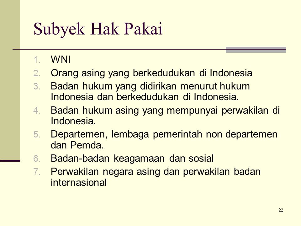 Subyek Hak Pakai WNI Orang asing yang berkedudukan di Indonesia