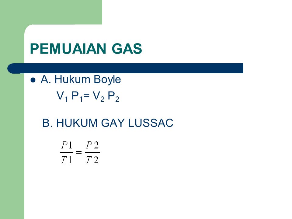 PEMUAIAN GAS A. Hukum Boyle V1 P1= V2 P2 B. HUKUM GAY LUSSAC