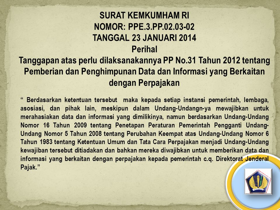 SURAT KEMKUMHAM RI NOMOR: PPE.3.PP TANGGAL 23 JANUARI 2014