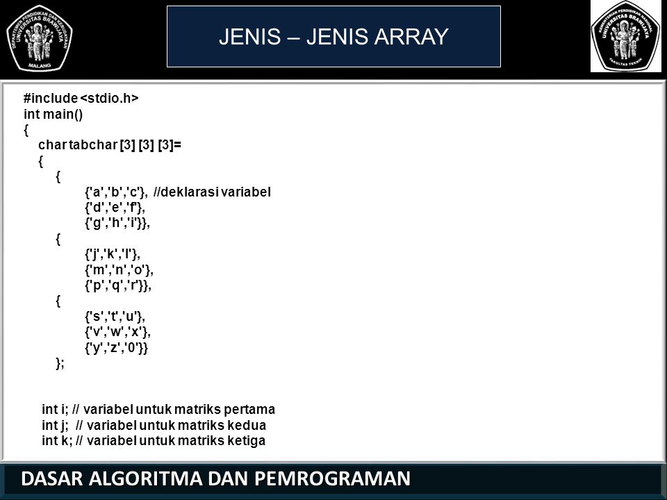 JENIS – JENIS ARRAY #include <stdio.h> int main() {