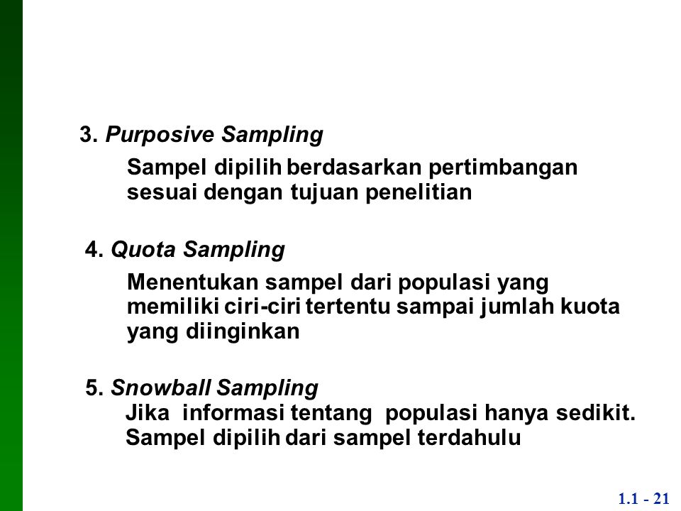 3. Purposive Sampling Sampel dipilih berdasarkan pertimbangan sesuai dengan tujuan penelitian. 4. Quota Sampling.