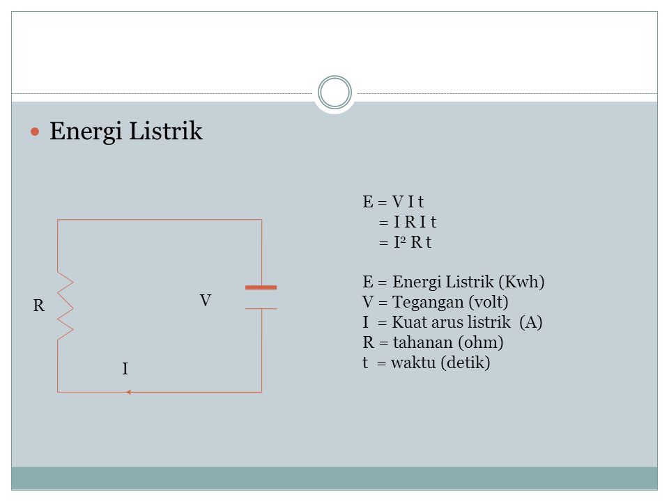Energi Listrik E = V I t = I R I t = I2 R t E = Energi Listrik (Kwh)