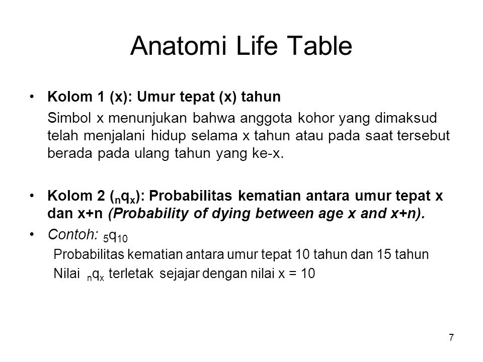 Anatomi Life Table Kolom 1 (x): Umur tepat (x) tahun