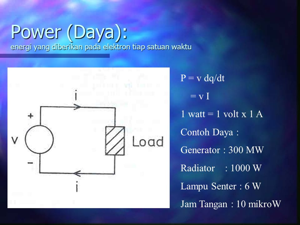 Power (Daya): energi yang diberikan pada elektron tiap satuan waktu