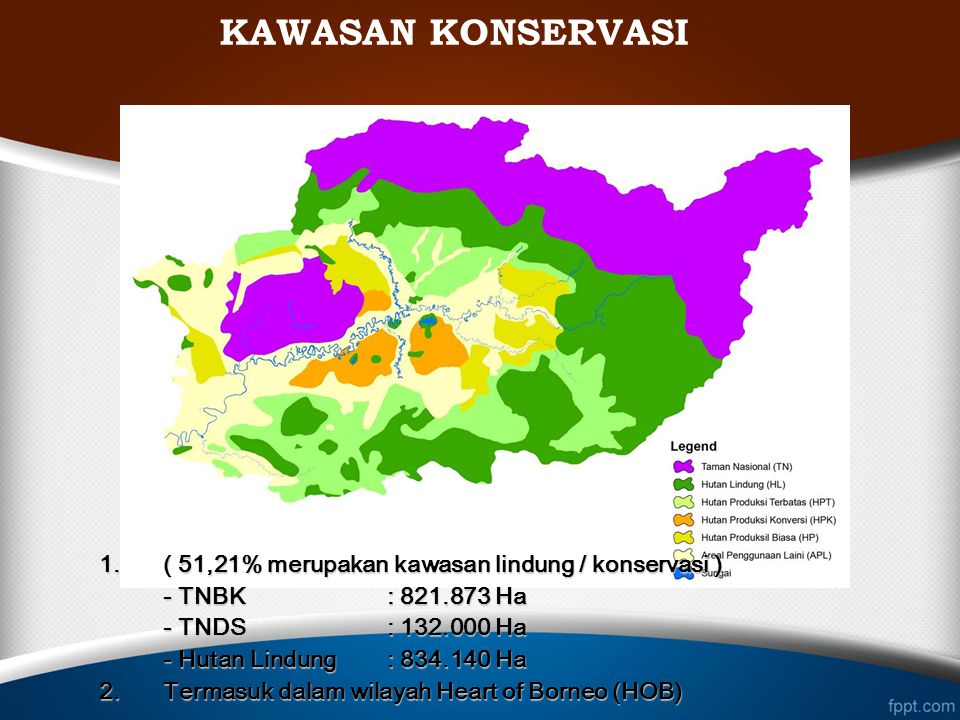 KAWASAN KONSERVASI 1. ( 51,21% merupakan kawasan lindung / konservasi ) - TNBK : Ha. - TNDS : Ha.