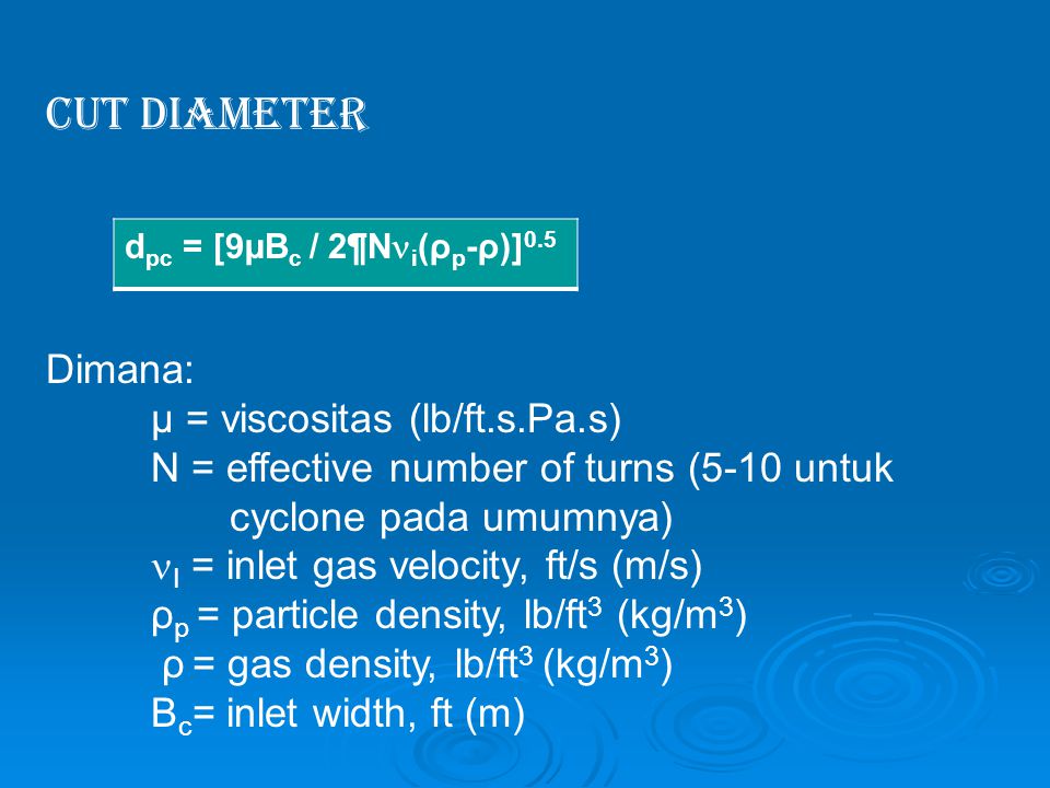 Cut Diameter Dimana: µ = viscositas (lb/ft.s.Pa.s)
