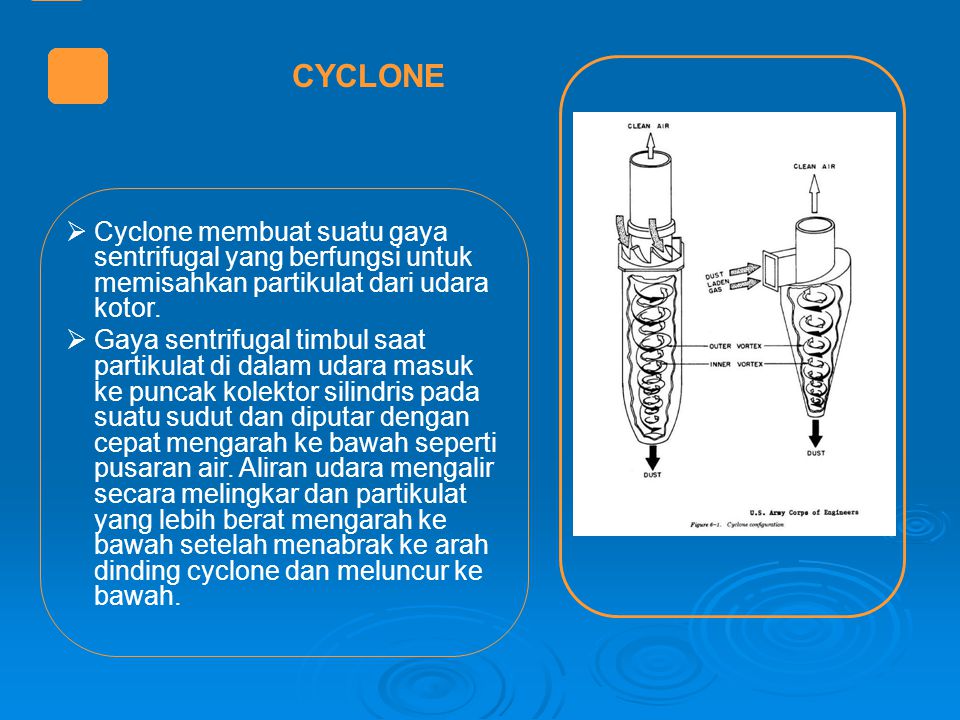 CYCLONE Cyclone membuat suatu gaya sentrifugal yang berfungsi untuk memisahkan partikulat dari udara kotor.