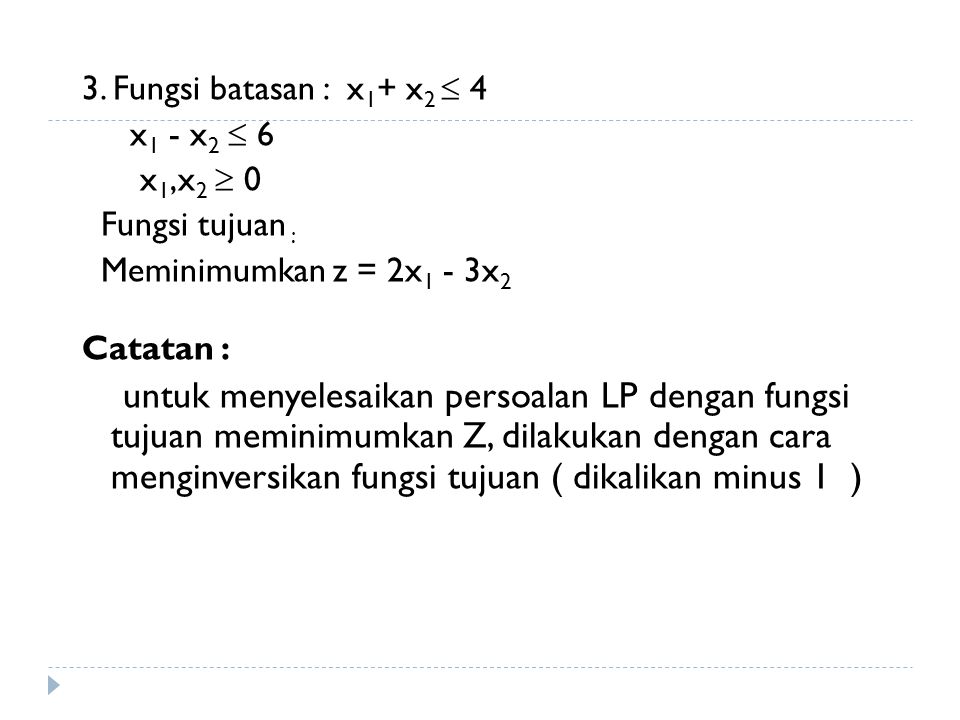 3. Fungsi batasan : x1+ x2  4 x1 - x2  6. x1,x2  0. Fungsi tujuan : Meminimumkan z = 2x1 - 3x2.