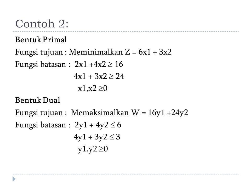 Contoh 2: Bentuk Primal Fungsi tujuan : Meminimalkan Z = 6x1 + 3x2