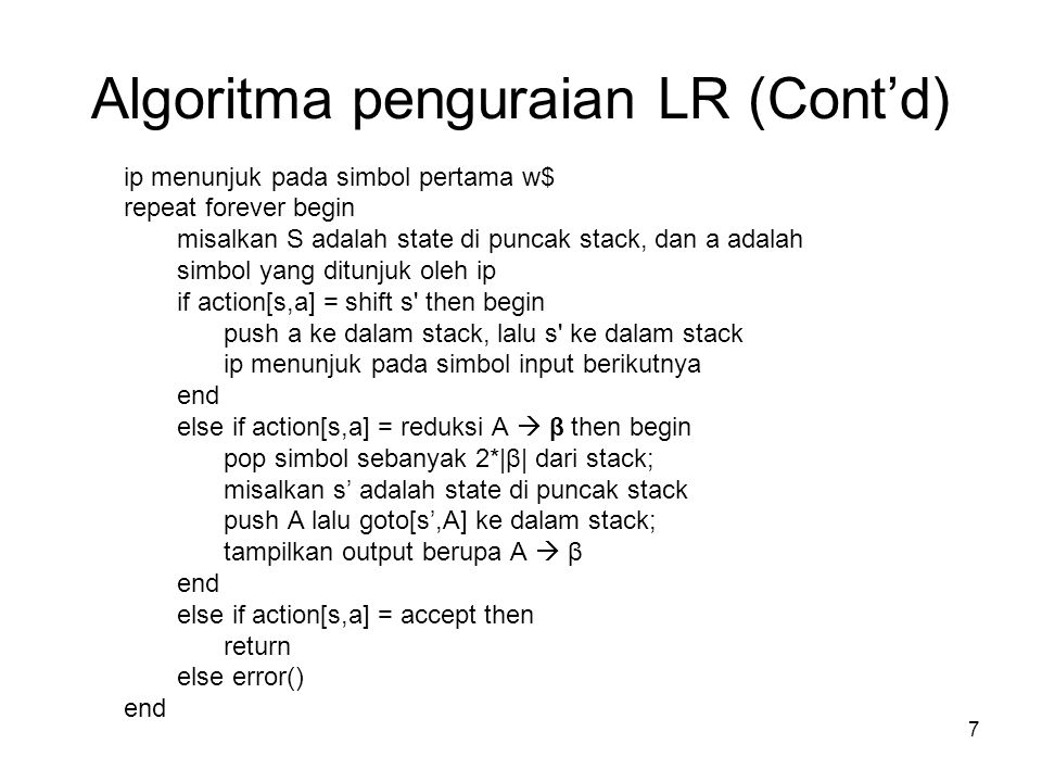 Algoritma penguraian LR (Cont’d)
