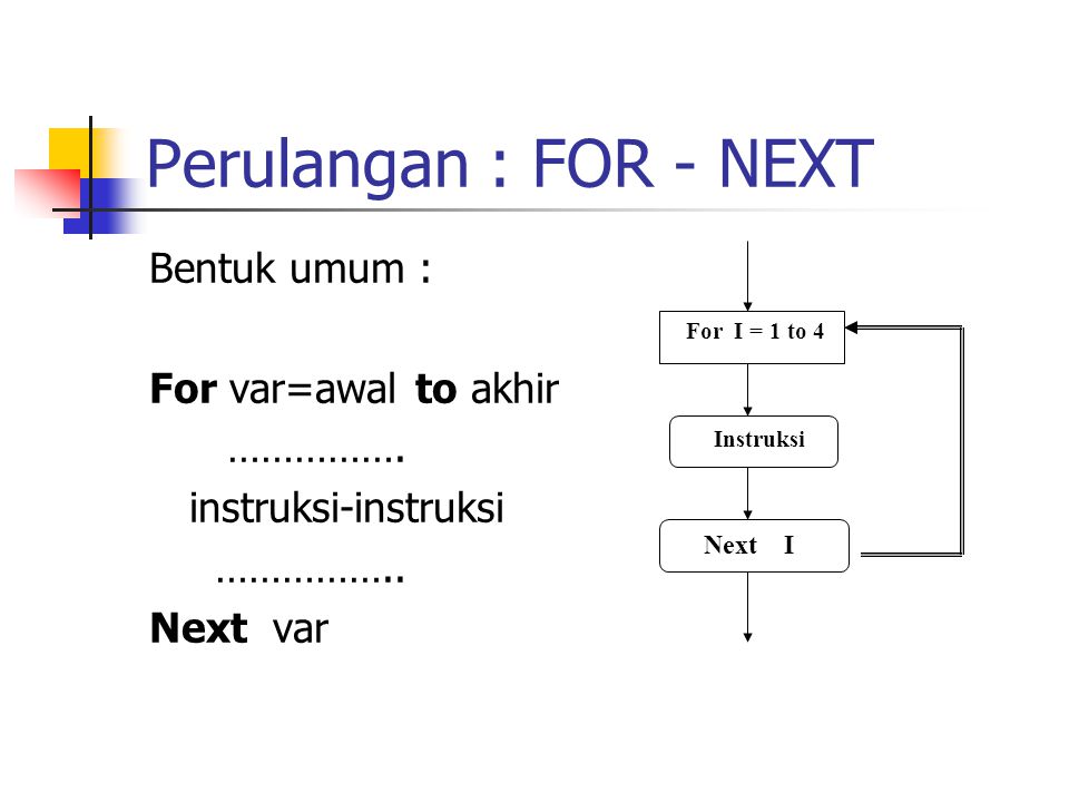 Perulangan : FOR - NEXT Bentuk umum : For var=awal to akhir …………….