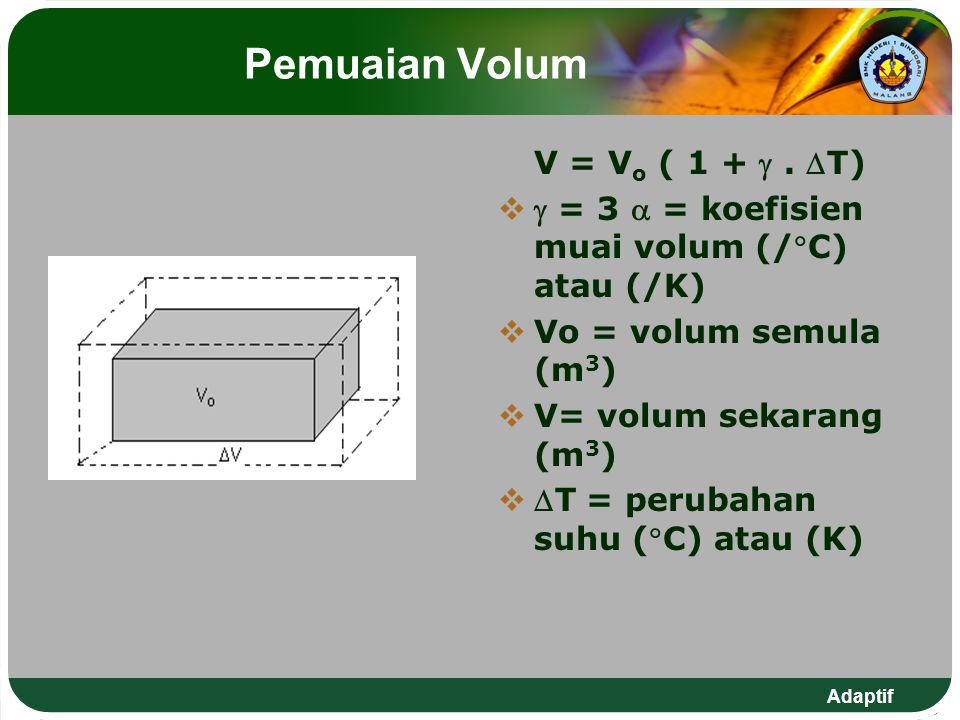 Pemuaian Volum V = Vo ( 1 +  . T)