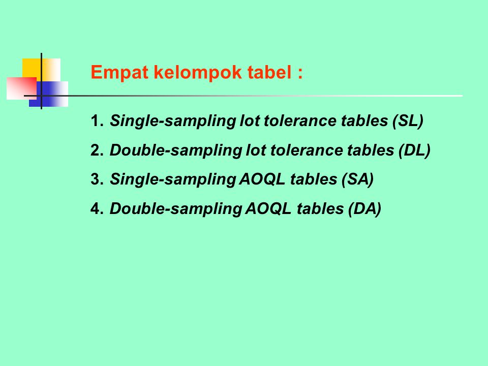 Empat kelompok tabel : 1. Single-sampling lot tolerance tables (SL)