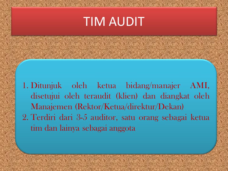 TIM AUDIT Ditunjuk oleh ketua bidang/manajer AMI, disetujui oleh teraudit (klien) dan diangkat oleh Manajemen (Rektor/Ketua/direktur/Dekan)