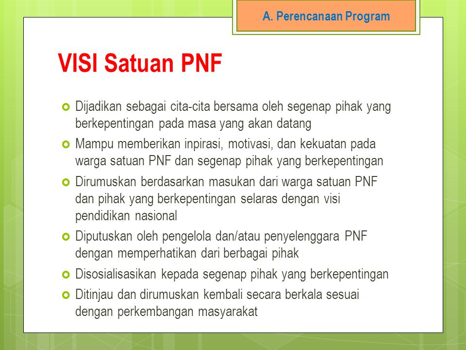 A. Perencanaan Program VISI Satuan PNF. Dijadikan sebagai cita-cita bersama oleh segenap pihak yang berkepentingan pada masa yang akan datang.
