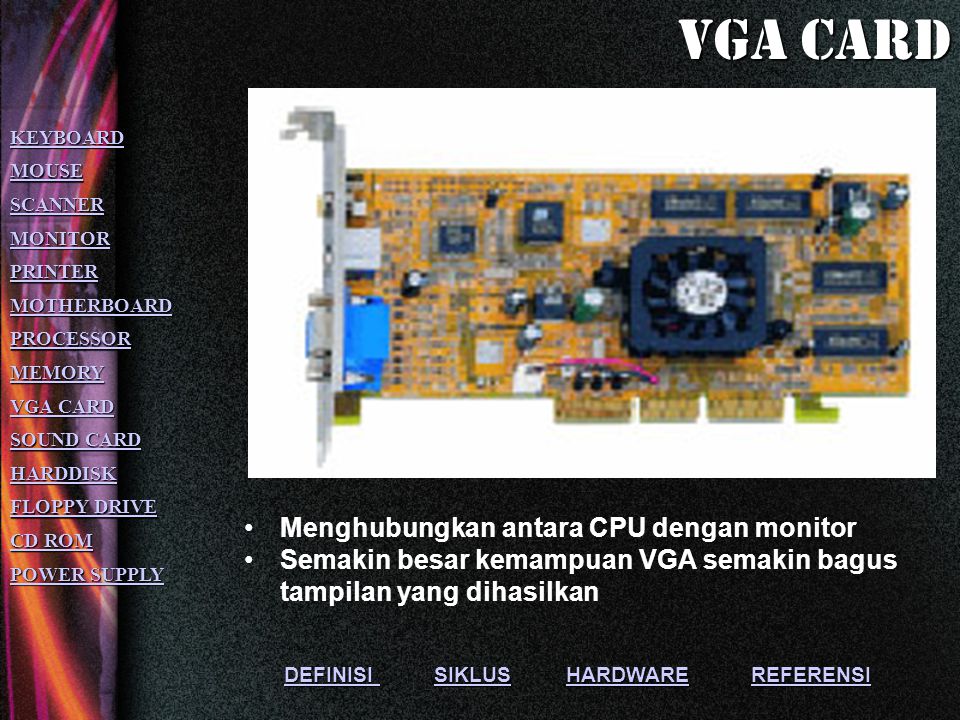 Vga card Menghubungkan antara CPU dengan monitor
