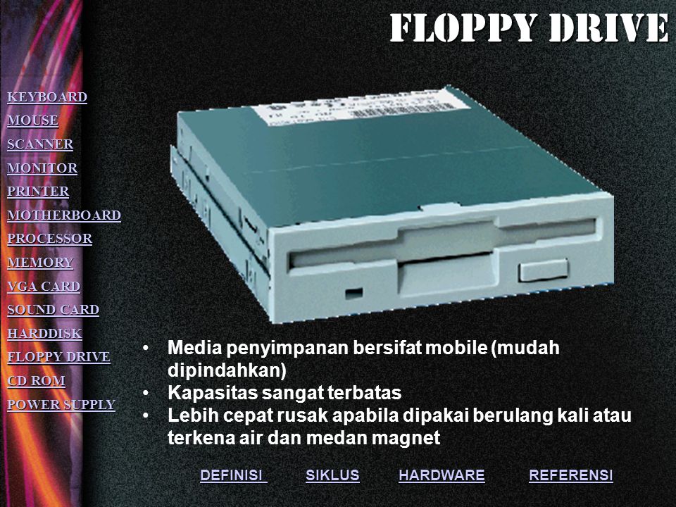 Floppy drive Media penyimpanan bersifat mobile (mudah dipindahkan)