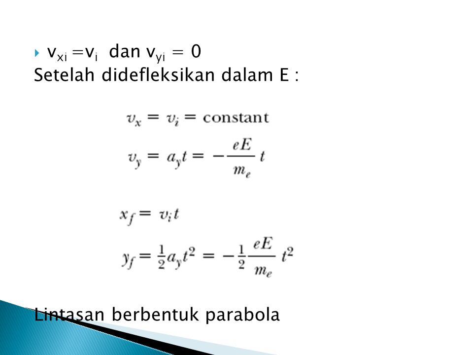 vxi =vi dan vyi = 0 Setelah didefleksikan dalam E : Lintasan berbentuk parabola