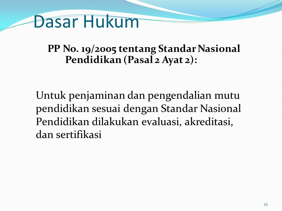 Dasar Hukum PP No. 19/2005 tentang Standar Nasional Pendidikan (Pasal 2 Ayat 2):