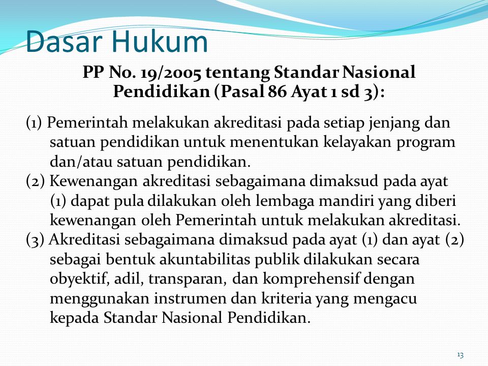 Dasar Hukum PP No. 19/2005 tentang Standar Nasional Pendidikan (Pasal 86 Ayat 1 sd 3):