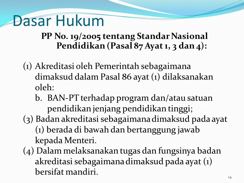 Dasar Hukum PP No. 19/2005 tentang Standar Nasional Pendidikan (Pasal 87 Ayat 1, 3 dan 4):