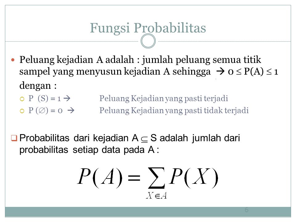 Fungsi Probabilitas Peluang kejadian A adalah : jumlah peluang semua titik sampel yang menyusun kejadian A sehingga  0  P(A)  1.