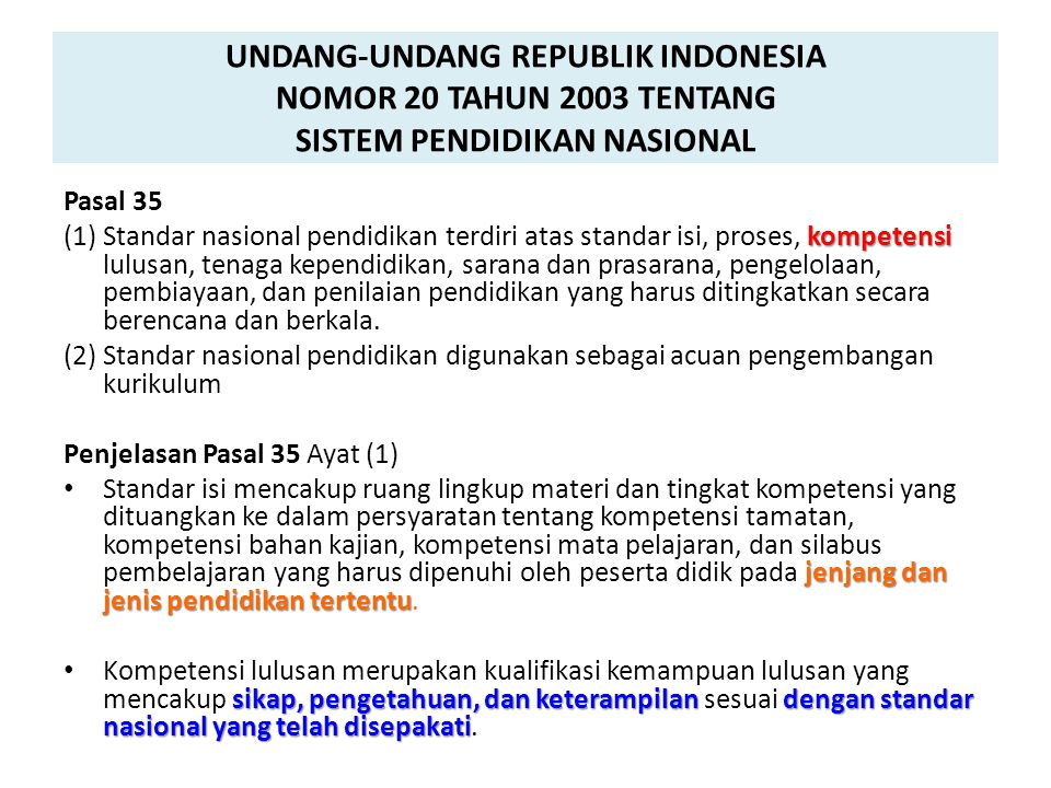 UNDANG-UNDANG REPUBLIK INDONESIA NOMOR 20 TAHUN 2003 TENTANG SISTEM PENDIDIKAN NASIONAL
