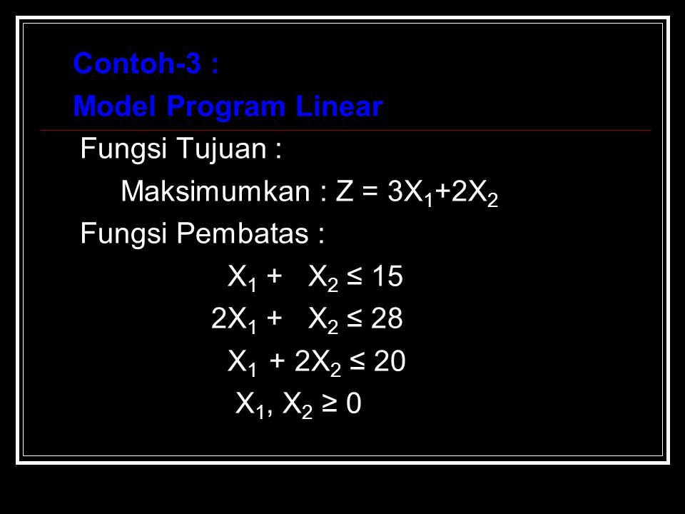 Contoh-3 : Model Program Linear. Fungsi Tujuan : Maksimumkan : Z = 3X1+2X2. Fungsi Pembatas : X1 + X2 ≤ 15.