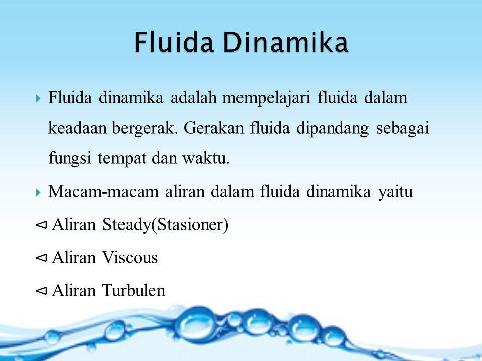 Fluida Dinamika Fluida dinamika adalah mempelajari fluida dalam keadaan bergerak. Gerakan fluida dipandang sebagai fungsi tempat dan waktu.
