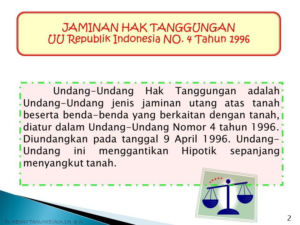 JAMINAN HAK TANGGUNGAN UU Republik Indonesia NO. 4 Tahun 1996