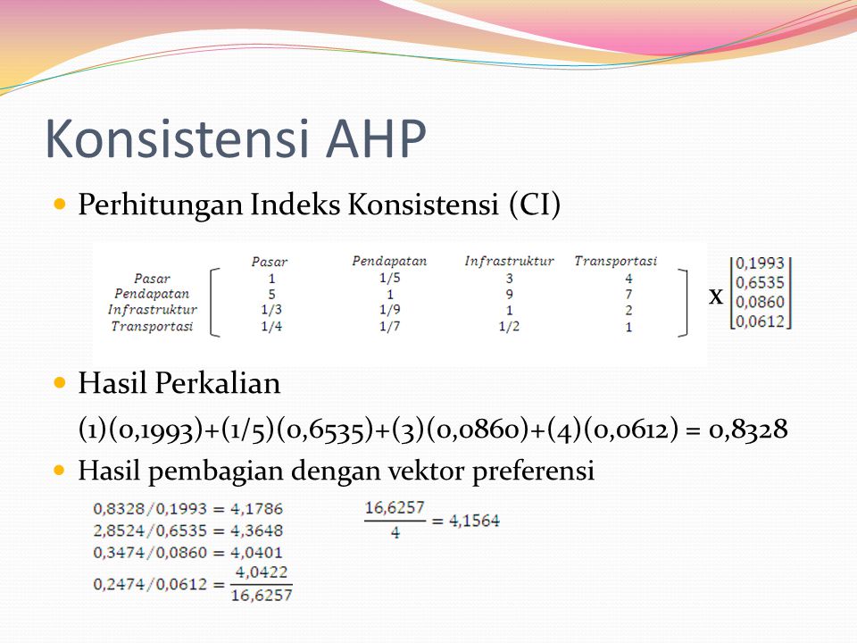 Konsistensi AHP Perhitungan Indeks Konsistensi (CI) x Hasil Perkalian
