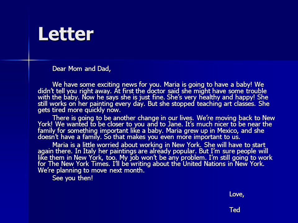 Letter Dear Mom and Dad,