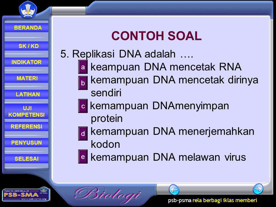 CONTOH SOAL 5. Replikasi DNA adalah …. a. keampuan DNA mencetak RNA