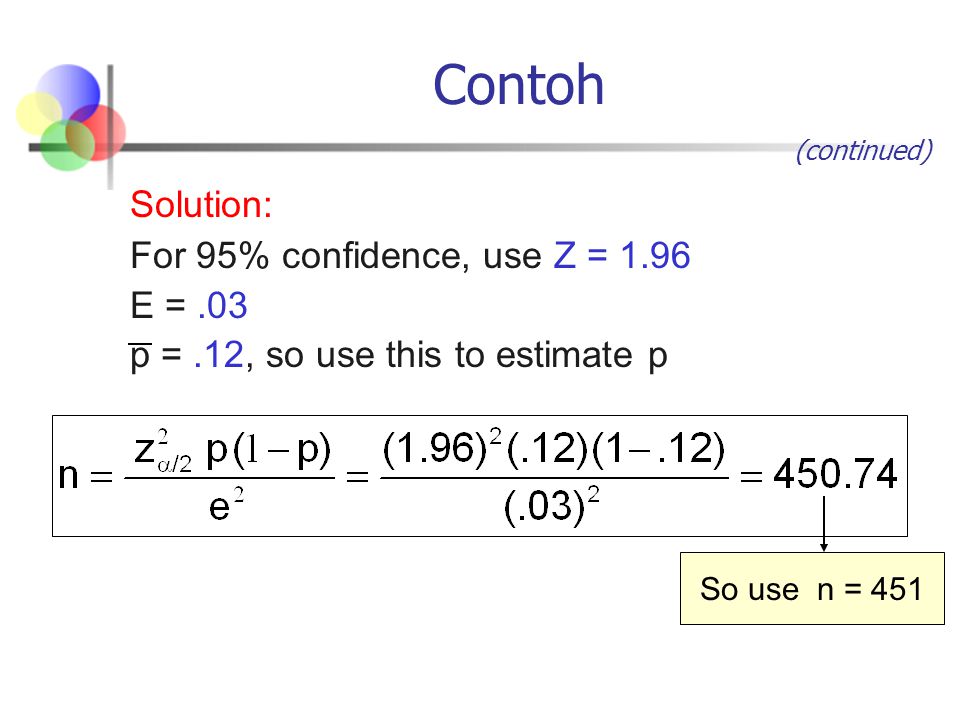 Contoh Solution: For 95% confidence, use Z = 1.96 E = .03