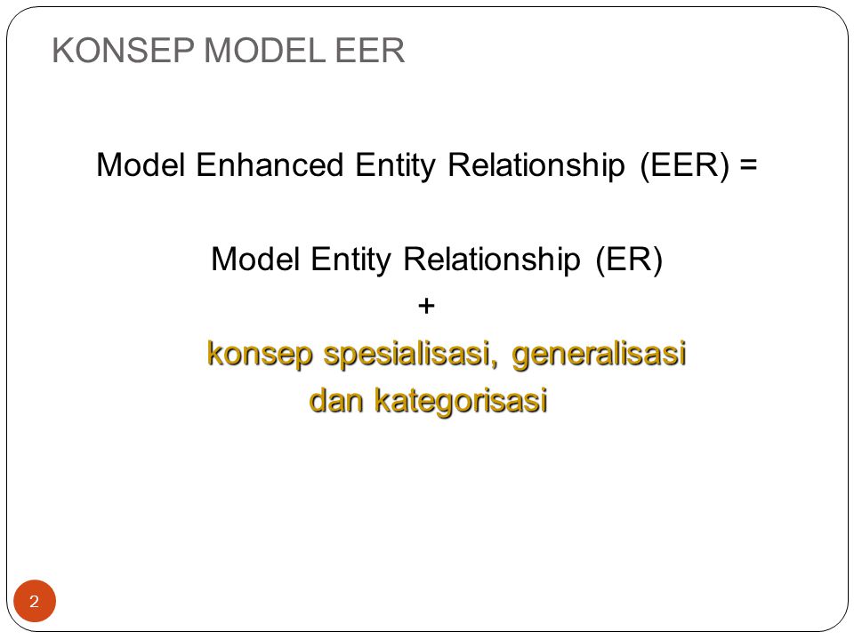 KONSEP MODEL EER Model Enhanced Entity Relationship (EER) = Model Entity Relationship (ER) + konsep spesialisasi, generalisasi dan kategorisasi