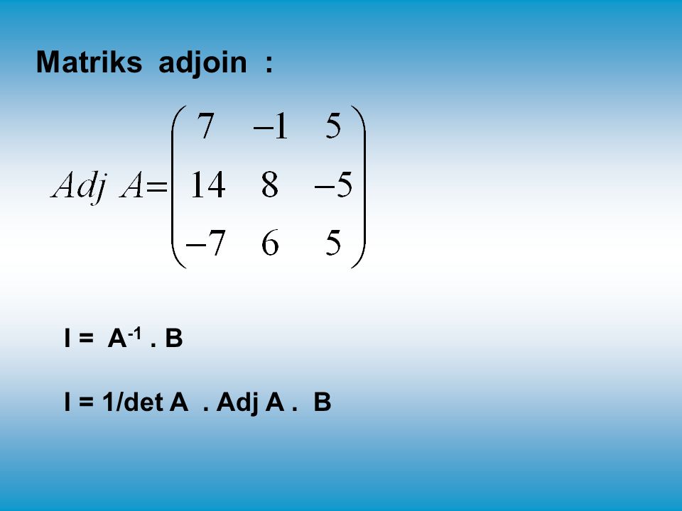 Matriks adjoin : I = A-1 . B I = 1/det A . Adj A . B