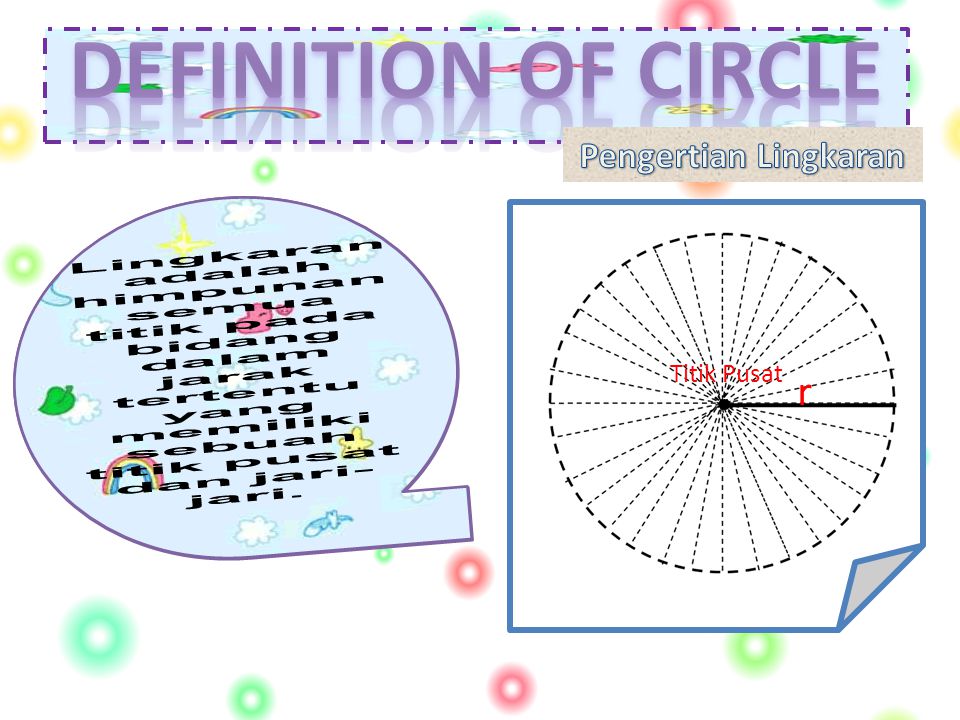 DEFINITION OF CIRCLE Pengertian Lingkaran. Circle is gathering all dot on area in given distance that have a middle dot and given radius.
