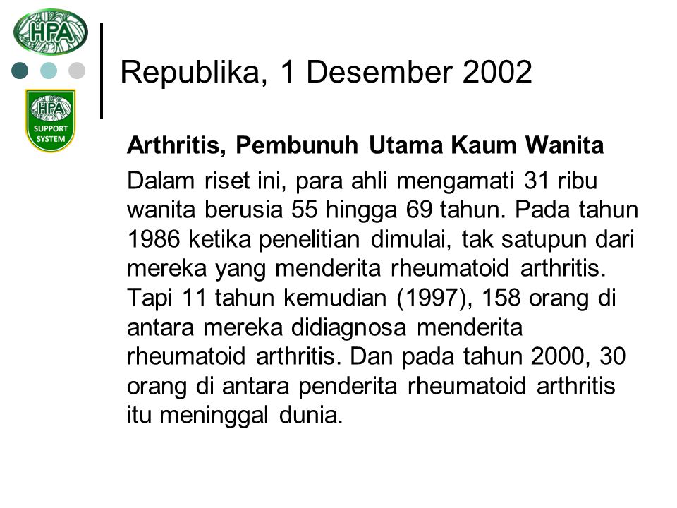 Republika, 1 Desember 2002 Arthritis, Pembunuh Utama Kaum Wanita
