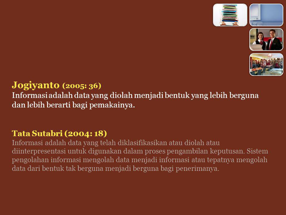 Jogiyanto (2005: 36) Informasi adalah data yang diolah menjadi bentuk yang lebih berguna dan lebih berarti bagi pemakainya.