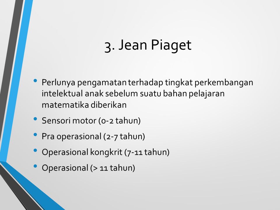 3. Jean Piaget Perlunya pengamatan terhadap tingkat perkembangan intelektual anak sebelum suatu bahan pelajaran matematika diberikan.