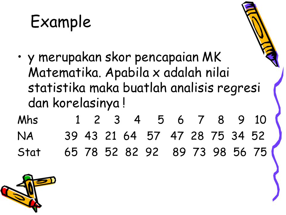 Example y merupakan skor pencapaian MK Matematika. Apabila x adalah nilai statistika maka buatlah analisis regresi dan korelasinya !