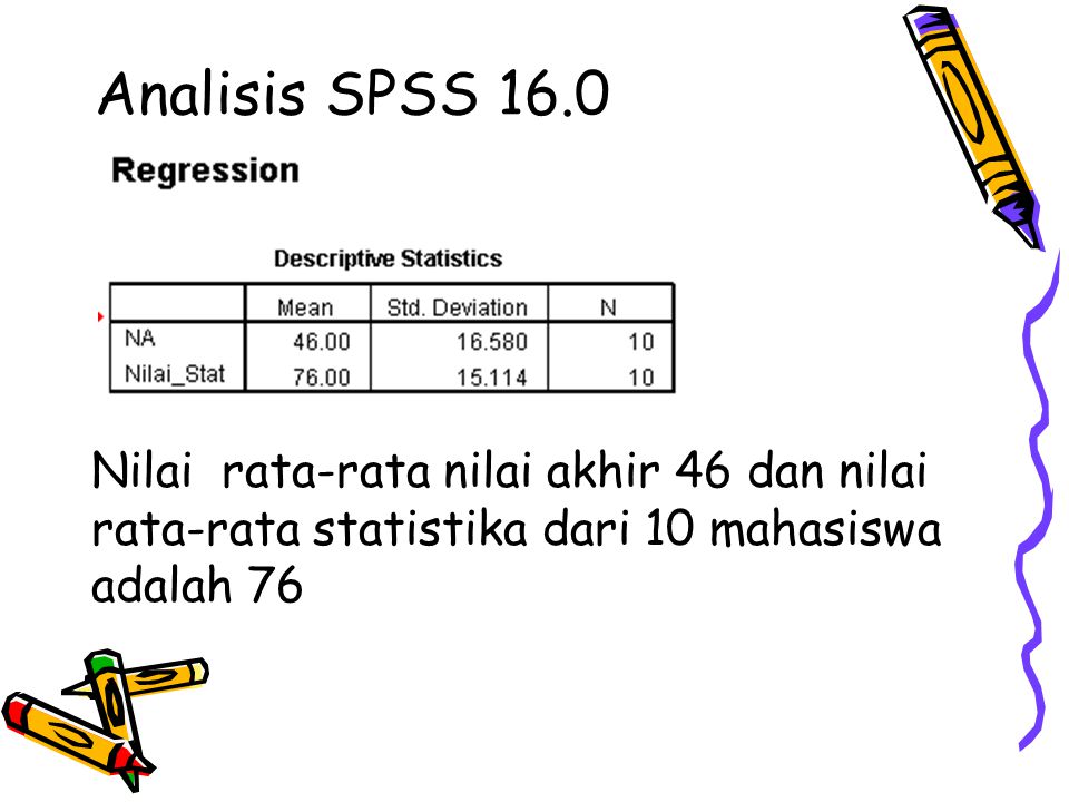 Analisis SPSS 16.0 Nilai rata-rata nilai akhir 46 dan nilai rata-rata statistika dari 10 mahasiswa adalah 76.