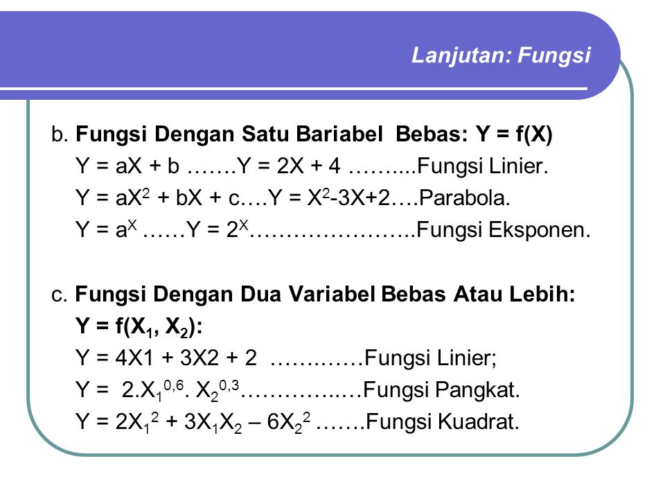 Lanjutan: Fungsi b. Fungsi Dengan Satu Bariabel Bebas: Y = f(X) Y = aX + b …….Y = 2X + 4 ……....Fungsi Linier.