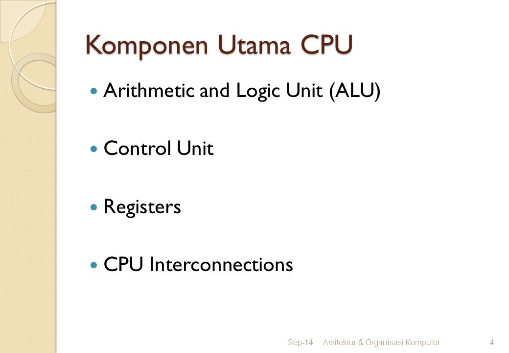 Komponen Utama CPU Arithmetic and Logic Unit (ALU) Control Unit