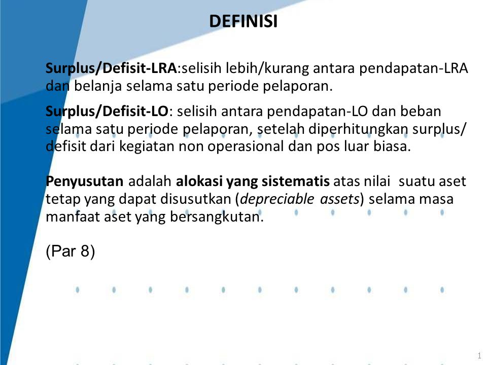 DEFINISI Surplus/Defisit-LRA:selisih lebih/kurang antara pendapatan-LRA dan belanja selama satu periode pelaporan.