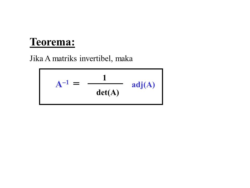 Teorema: Jika A matriks invertibel, maka A–1 = adj(A) 1 det(A)