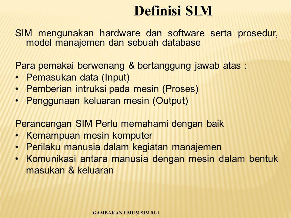 Definisi SIM SIM mengunakan hardware dan software serta prosedur, model manajemen dan sebuah database.