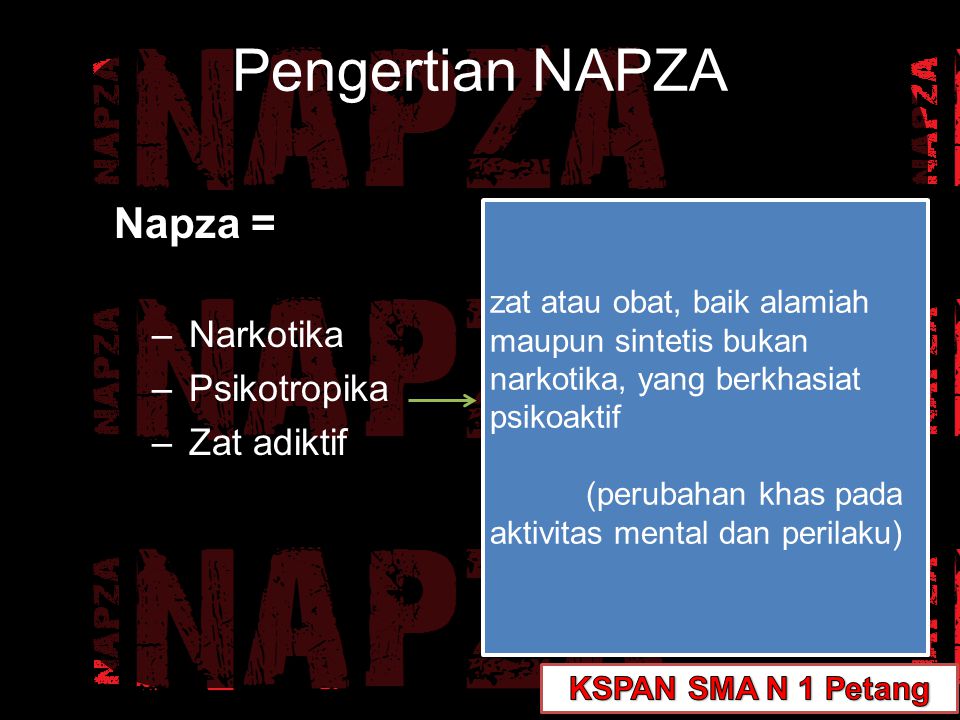 Pengertian NAPZA Napza = Narkotika Psikotropika Zat adiktif
